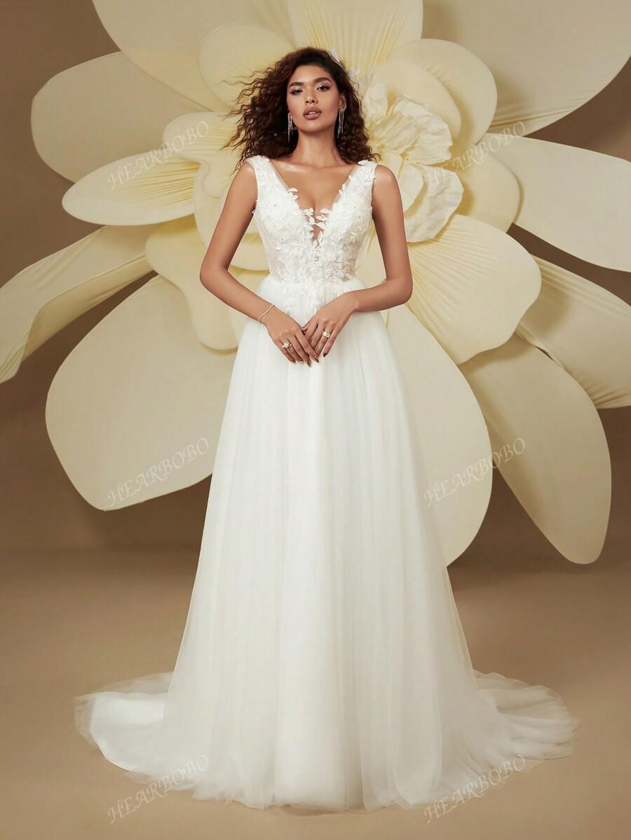 HEARBOBO BIAŁA SUKNIA ŚLUBNA ZDOBIENIA KWIATY HAFT CEKINY PK01__L