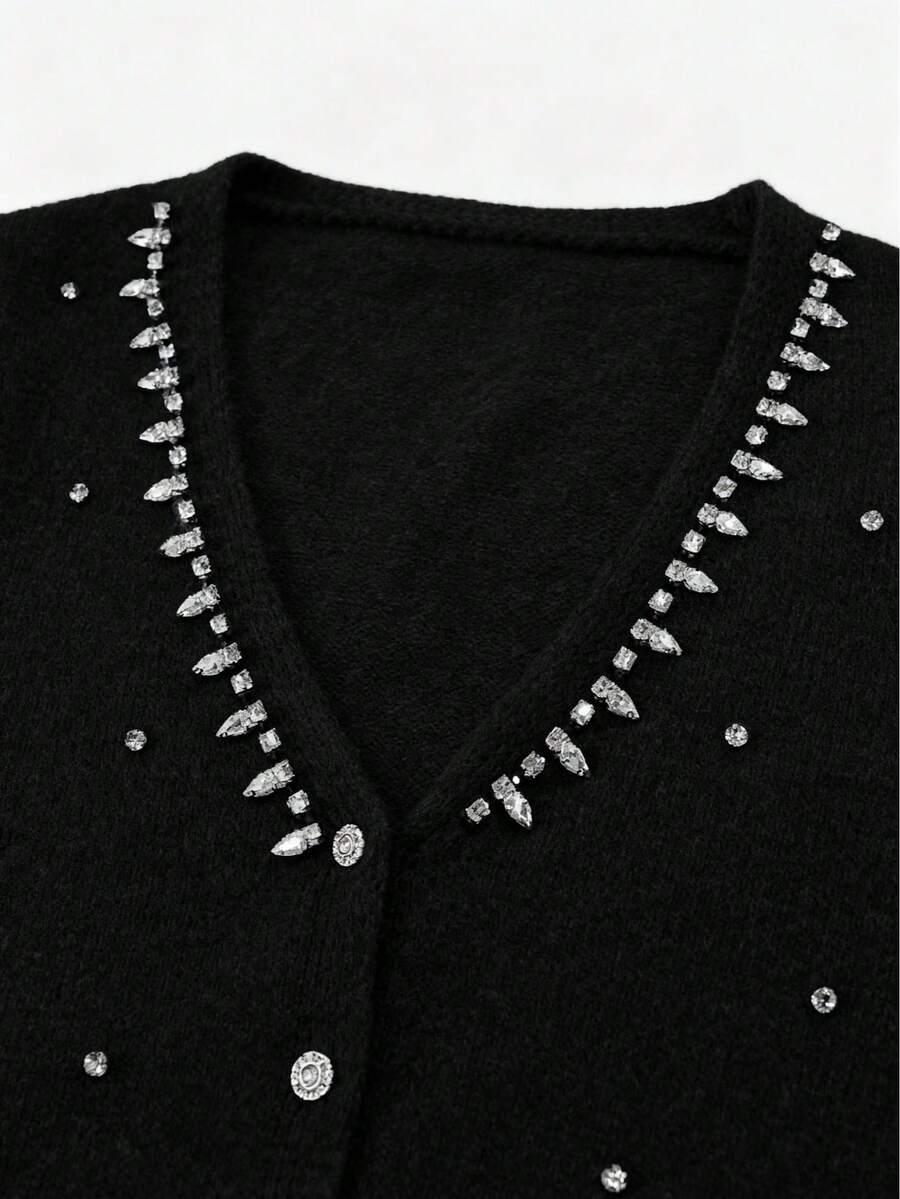 SHEIN CZARNY DZIANINOWY SWETER ZDOBIENIE S06__L