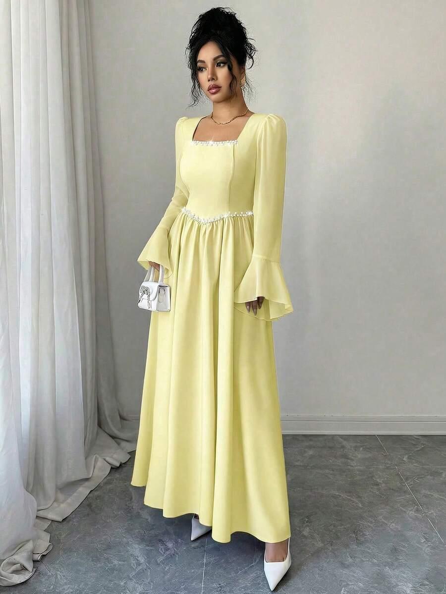 SHEIN ŻÓŁTA MAXI SUKIENKA ZDOBIENIE S09__L
