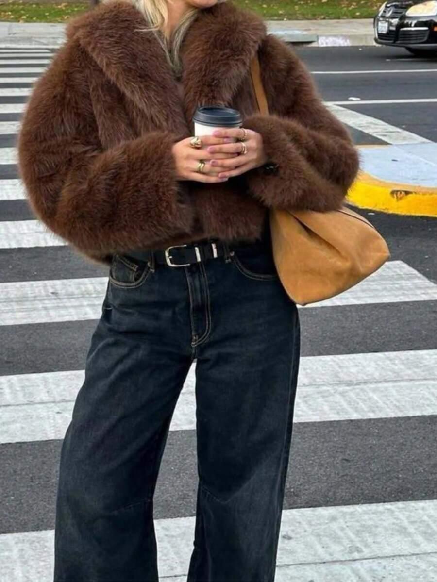 SHEIN BRĄZOWE SZTUCZNE FUTRO W01__M