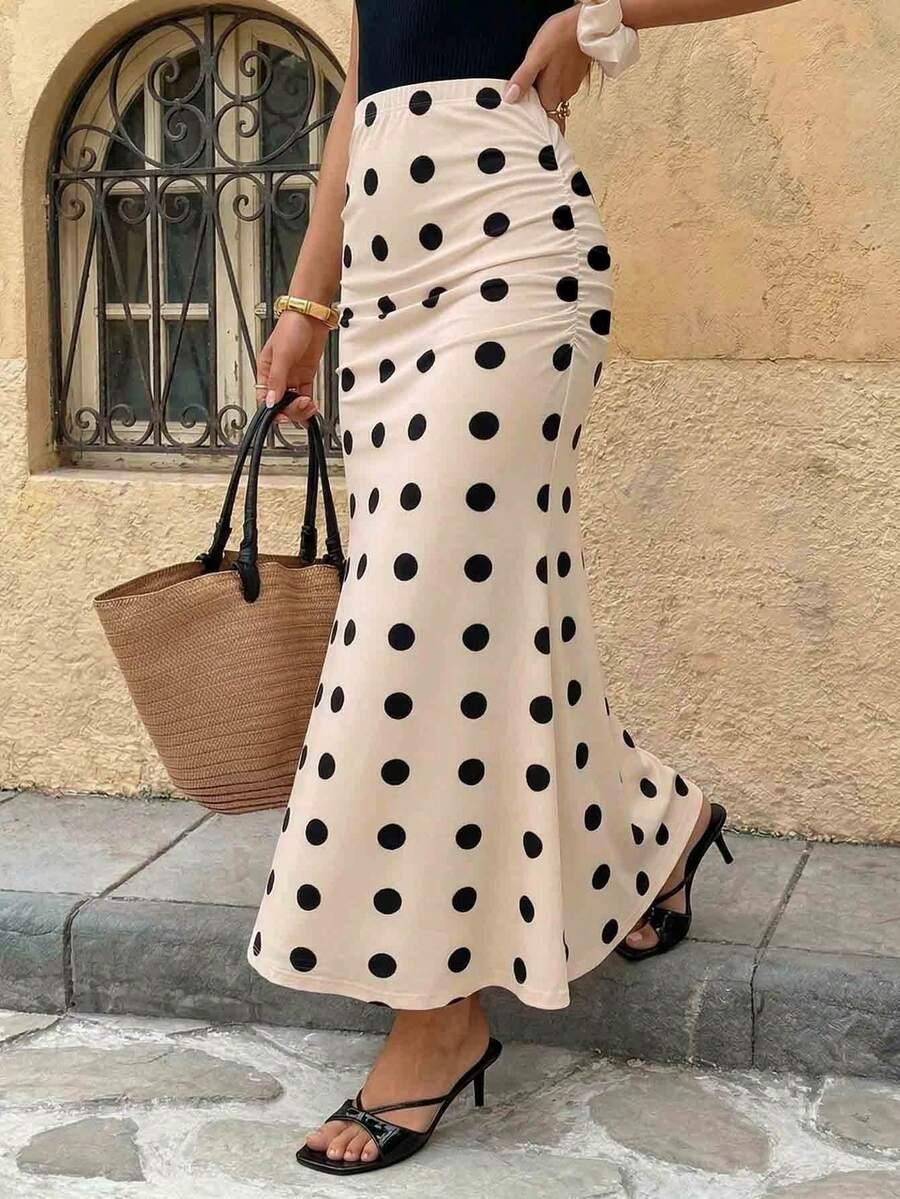 SHEIN KREMOWA MAXI SPÓDNICA WZÓR GROSZKI S06__M