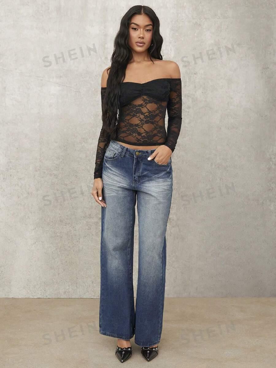 SHEIN CZARNY TOP KORONKA S06__S