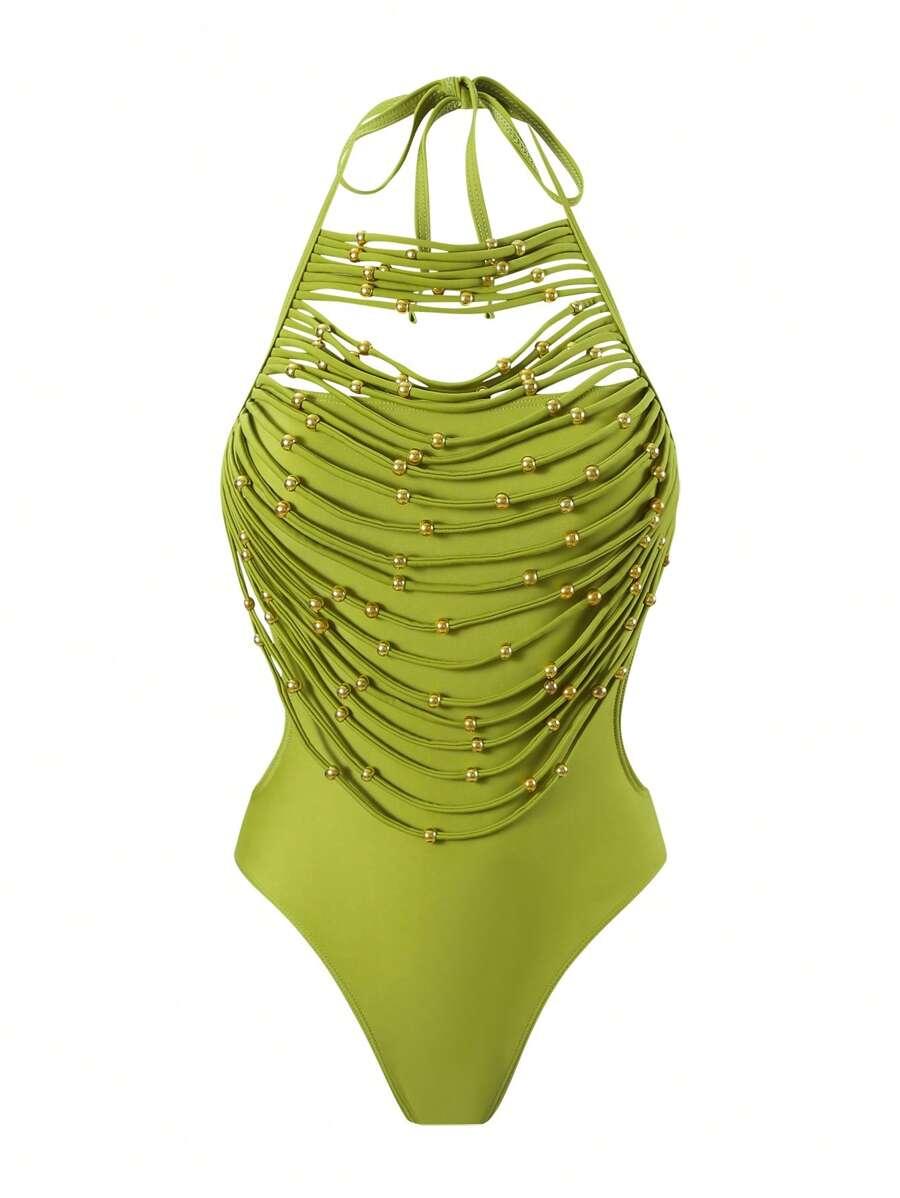SHEIN ZIELONY JEDNOCZĘŚCIOWY STRÓJ KĄPIELOWY ZDOBIENIE S09__XL