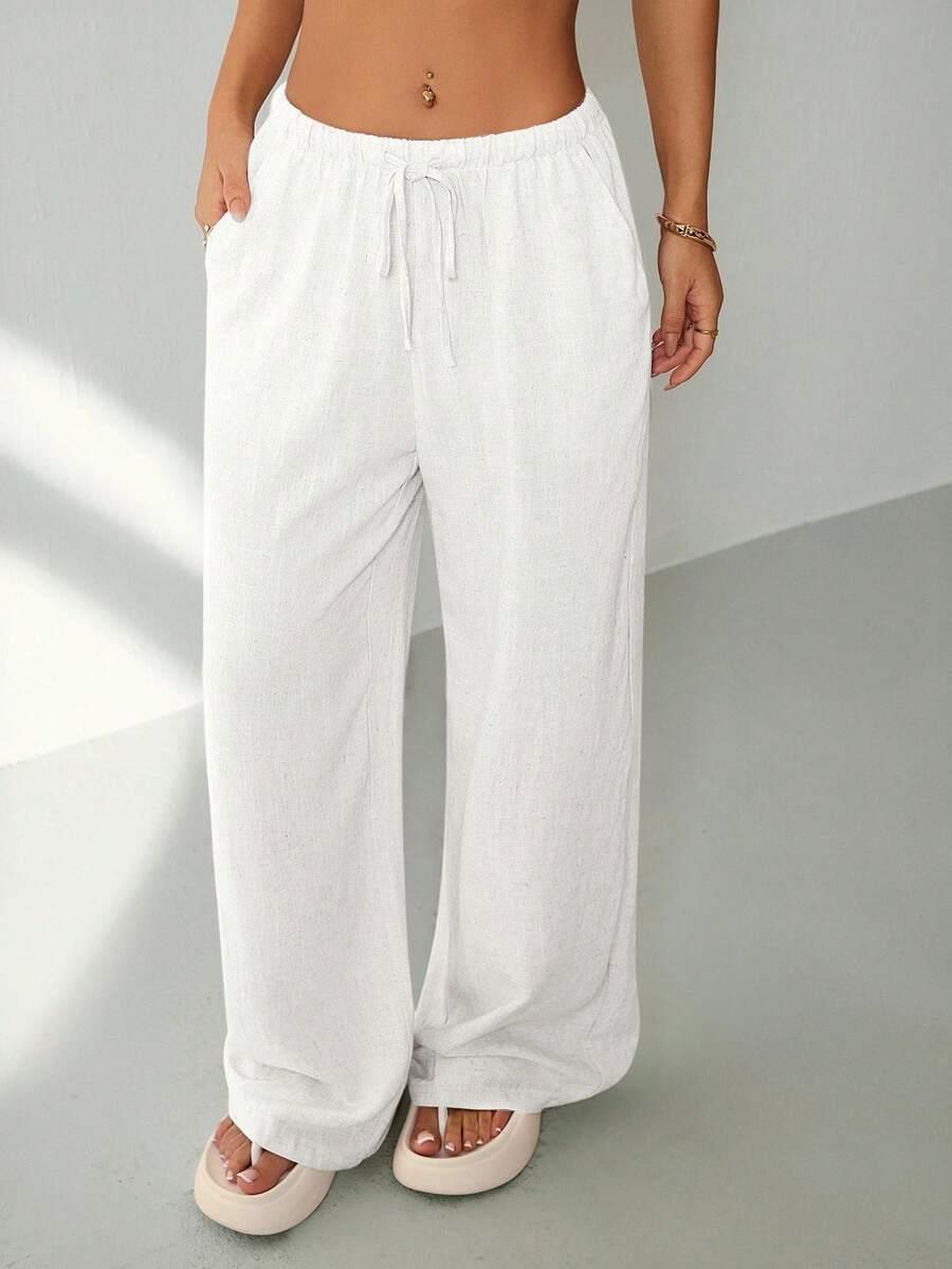 SHEIN SPODNIE Z DOMIESZKĄ LNU CASUAL WIĄZANIE S06__S