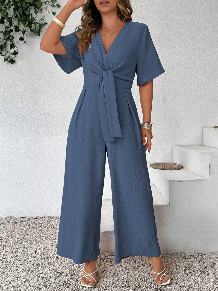 SHEIN NIEBIESKI KOMBINEZON KRÓTKI RĘKAW V NECK WIĄZANIE S09__48