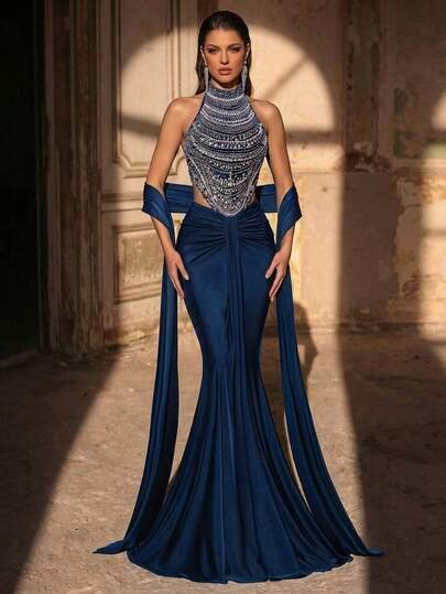 SHEIN GRANATOWA MAXI SUKIENKA ZDOBIENIE S06__S