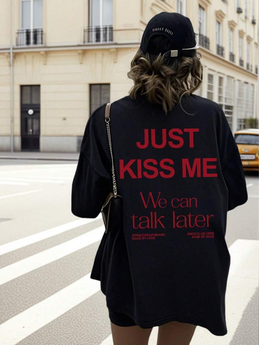 SHEIN CZARNY T-SHIRT NADRUK JUST KISS ME S06__L