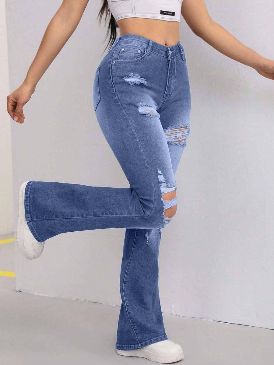 SHEIN NIEBIESKIE SPODNIE JEANS DZWONY PRZETARCIA S06__XS