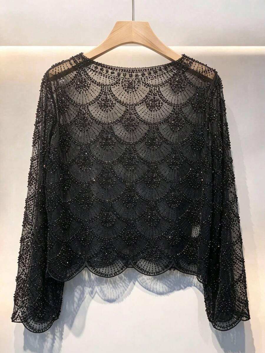 SHEIN CZARNA BLUZKA ZDOBIENIA S06__XL