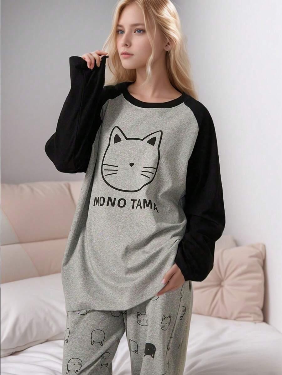 SHEIN KOMPLET PIŻAMA BLUZKA SPODNIE WZÓR KOTY S06__XL