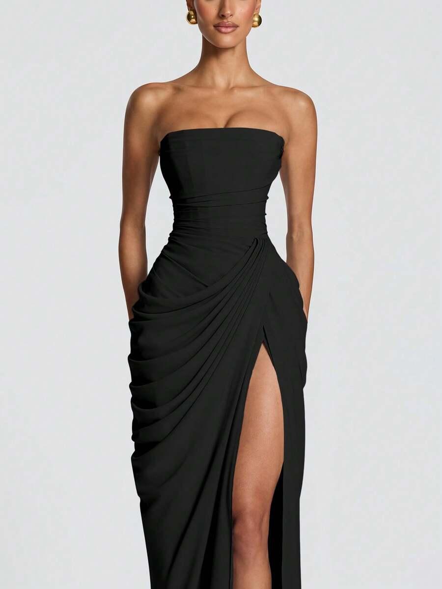 SHEIN CZARNA MAXI SUKIENKA ODKRYTE RAMIONA S06__S