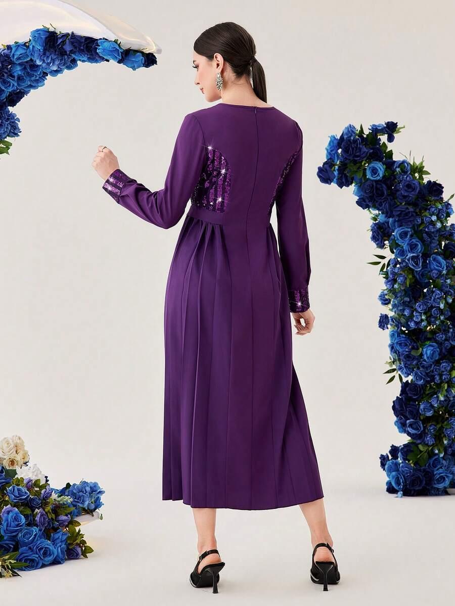 SHEIN FIOLETOWA SUKIENKA DŁUGI RĘKAW WSTAWKI CEKINY PLISY PK01__L