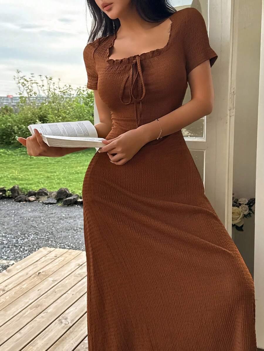 SHEIN BRĄZOWA SUKIENKA MAXI WIĄZANIE S06__S