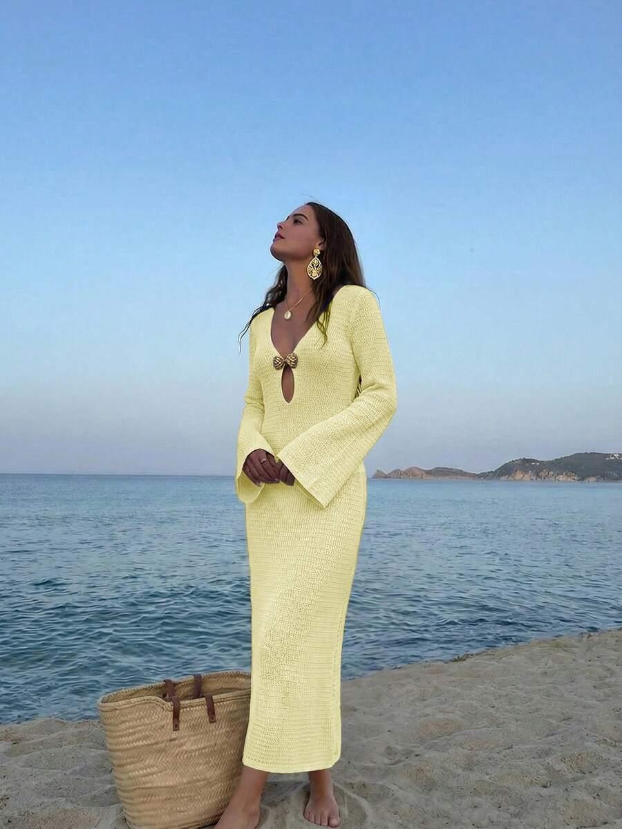 SHEIN ŻÓŁTA MAXI SUKIENKA PLAŻOWA PLECIONA S06__M