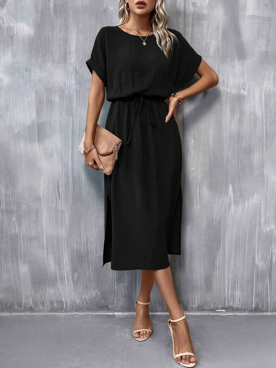 SHEIN CZARNA MIDI SUKIENKA KRÓTKI RĘKAW S06__S