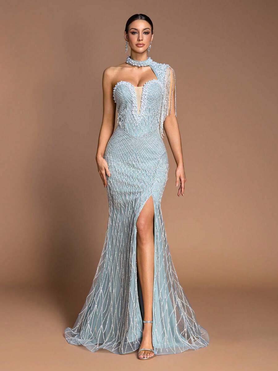 SHEIN NIEBIESKA MAXI SUKIENKA ZDOBIENIE S06__M
