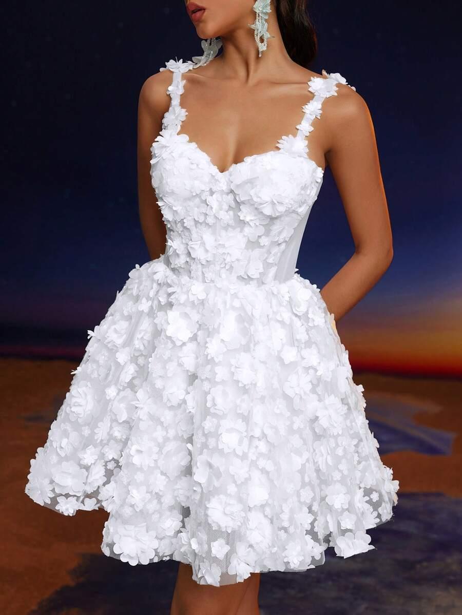 SHEIN BIAŁA MINI SUKIENKA KWIATY 3D S06__XS