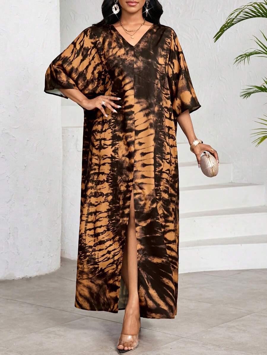 SHEIN MAXI SUKIENKA ROZCIĘCIE RĘKAW 3/4 PRINT V-NECK S06__M