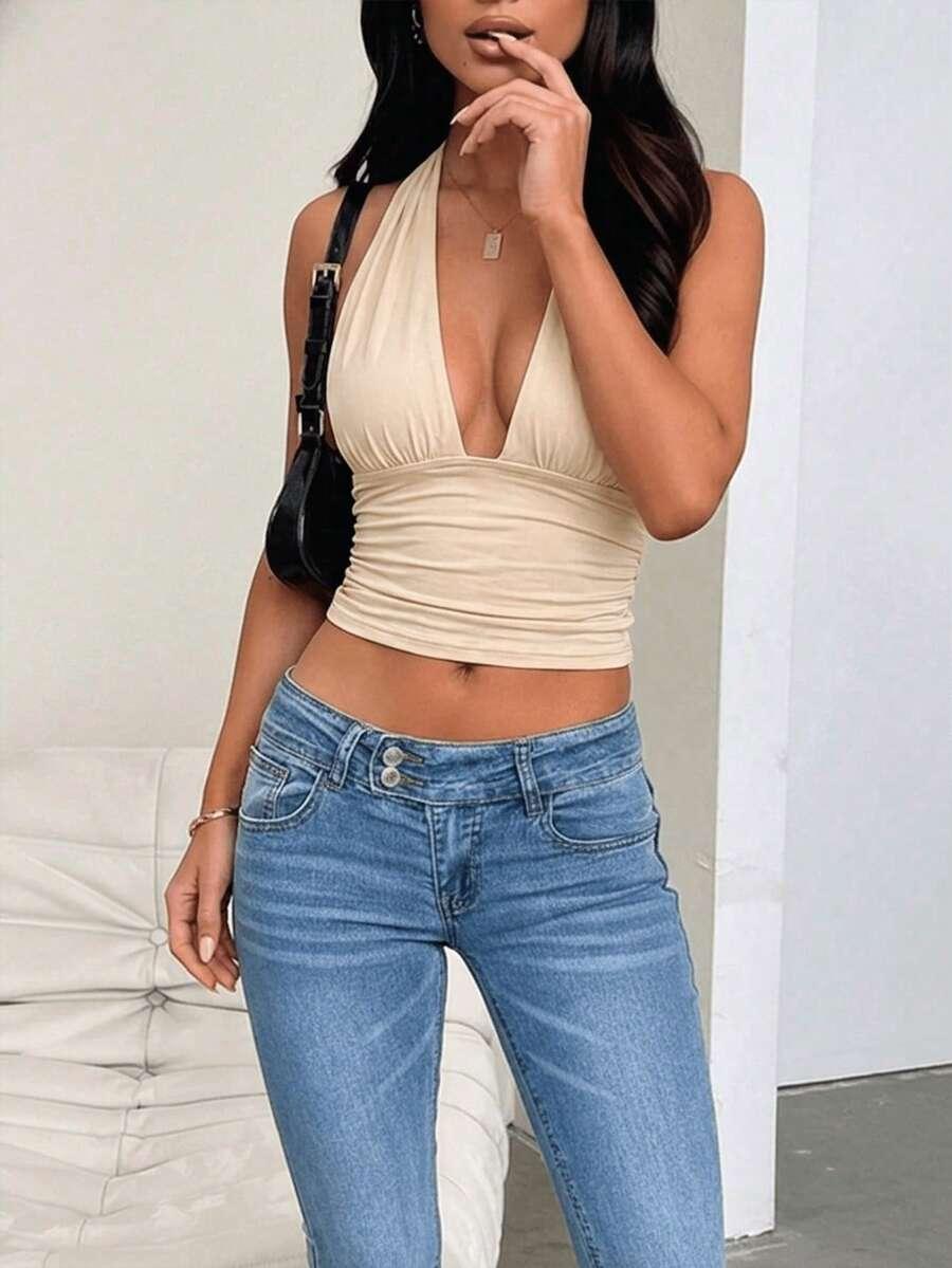 SHEIN BEŻOWY TOP WIĄZANIE NA SZYI PK01__XS