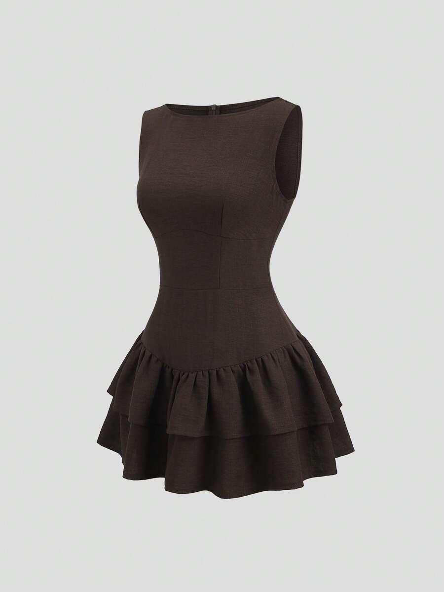 SHEIN BRĄZOWA MINI SUKIENKA BEZ RĘKAWÓW S06__S