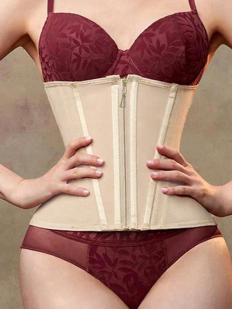SHEIN BEŻOWY GORSET PAS MODELUJĄCY ZAMEK HAFTKI PK01__S
