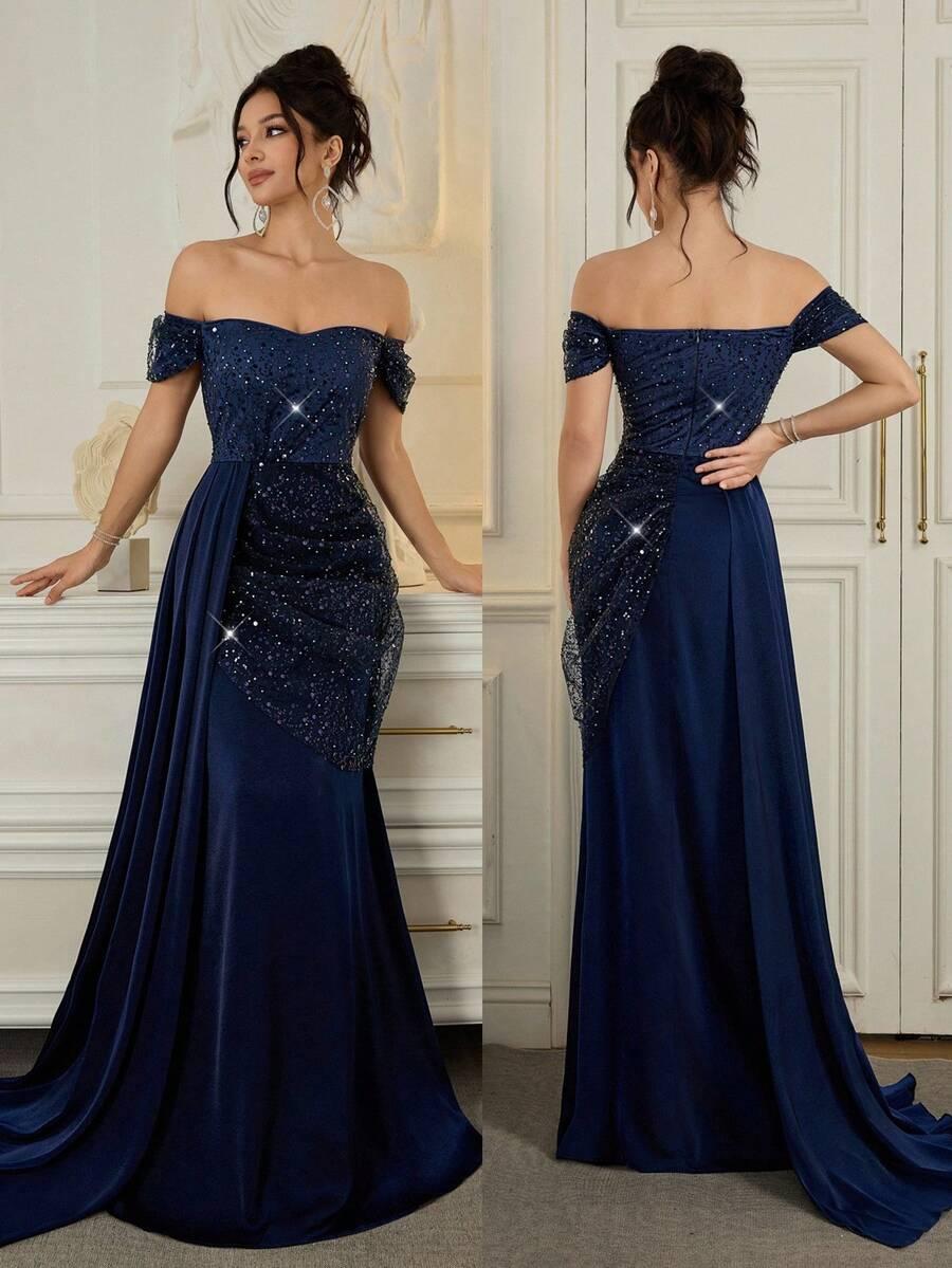 POSHIRA NIEBIESKA MAXI SUKIENKA CEKINY S06__L