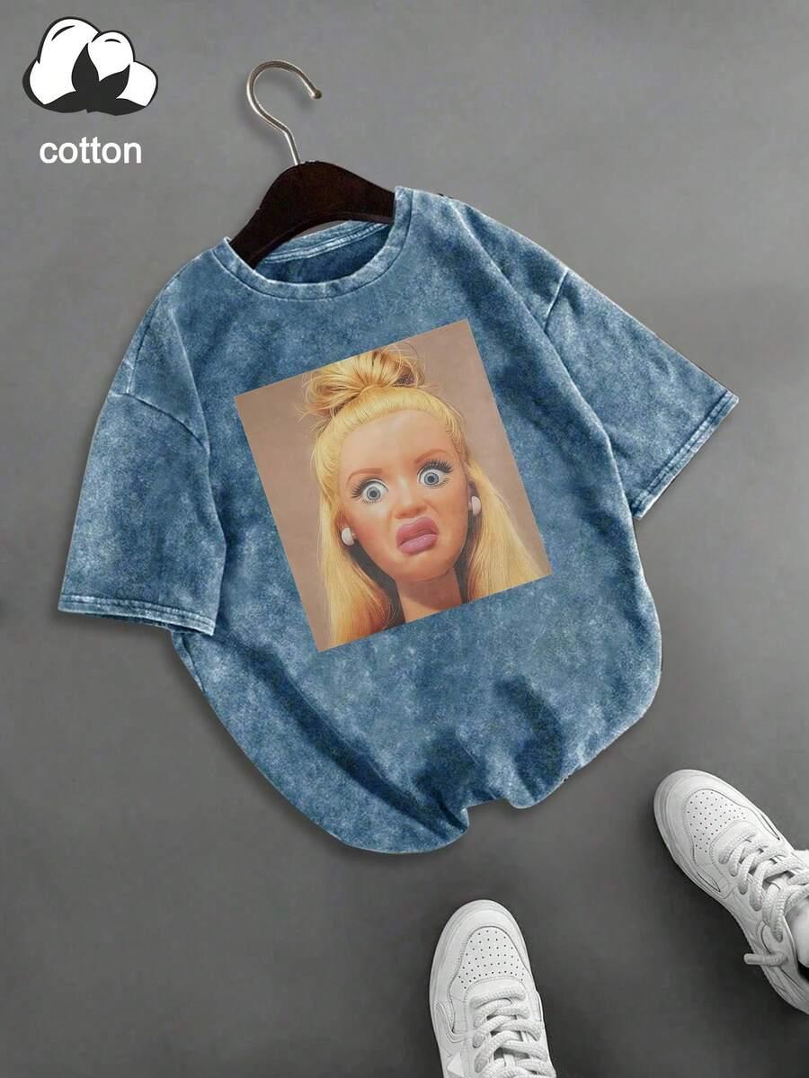 SHEIN NIEBIESKI T-SHIRT NADRUK S06__S