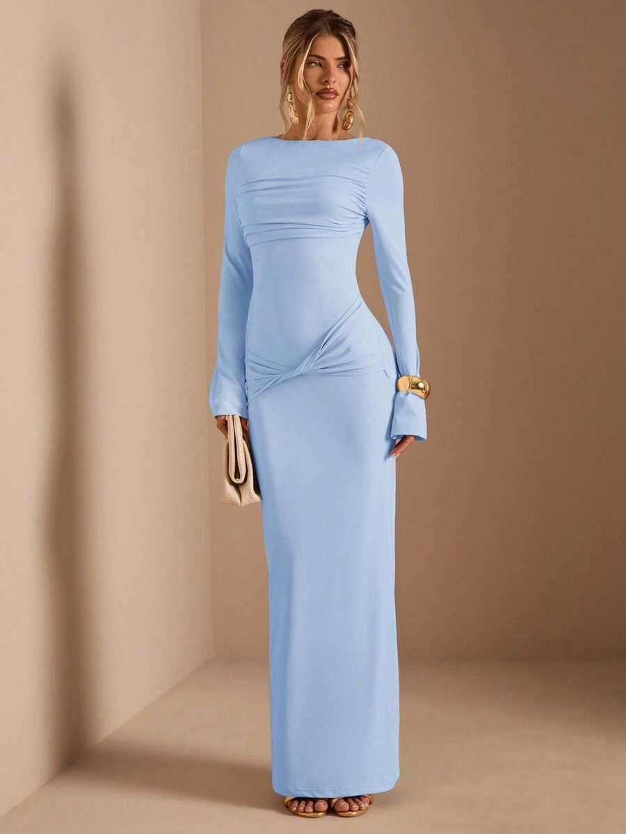 SHEIN NIEBIESKA MAXI SUKIENKA DŁUGI RĘKAW S06__XS