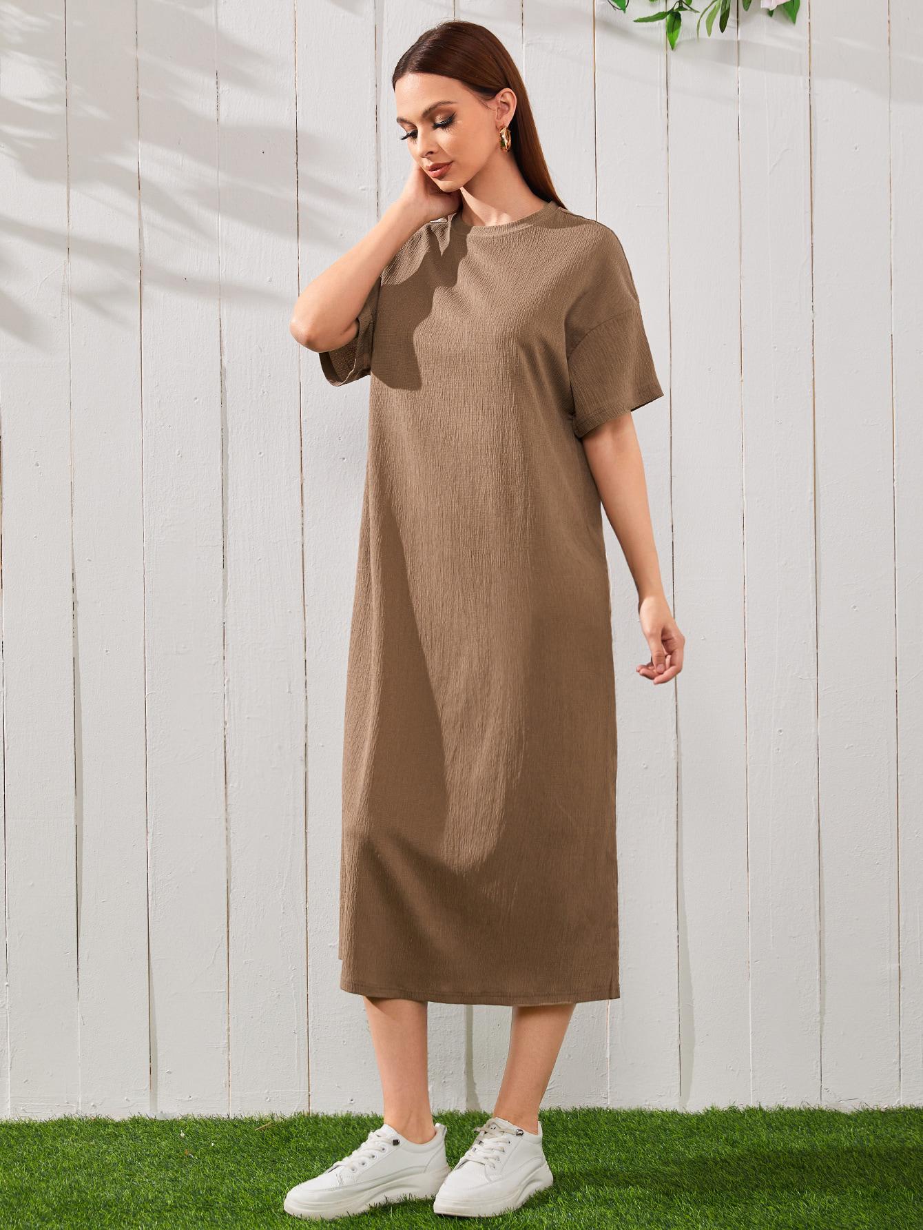 SHEIN BRĄZOWA SUKIENKA KRÓTKI RĘKAW TEKSTURA S06__L