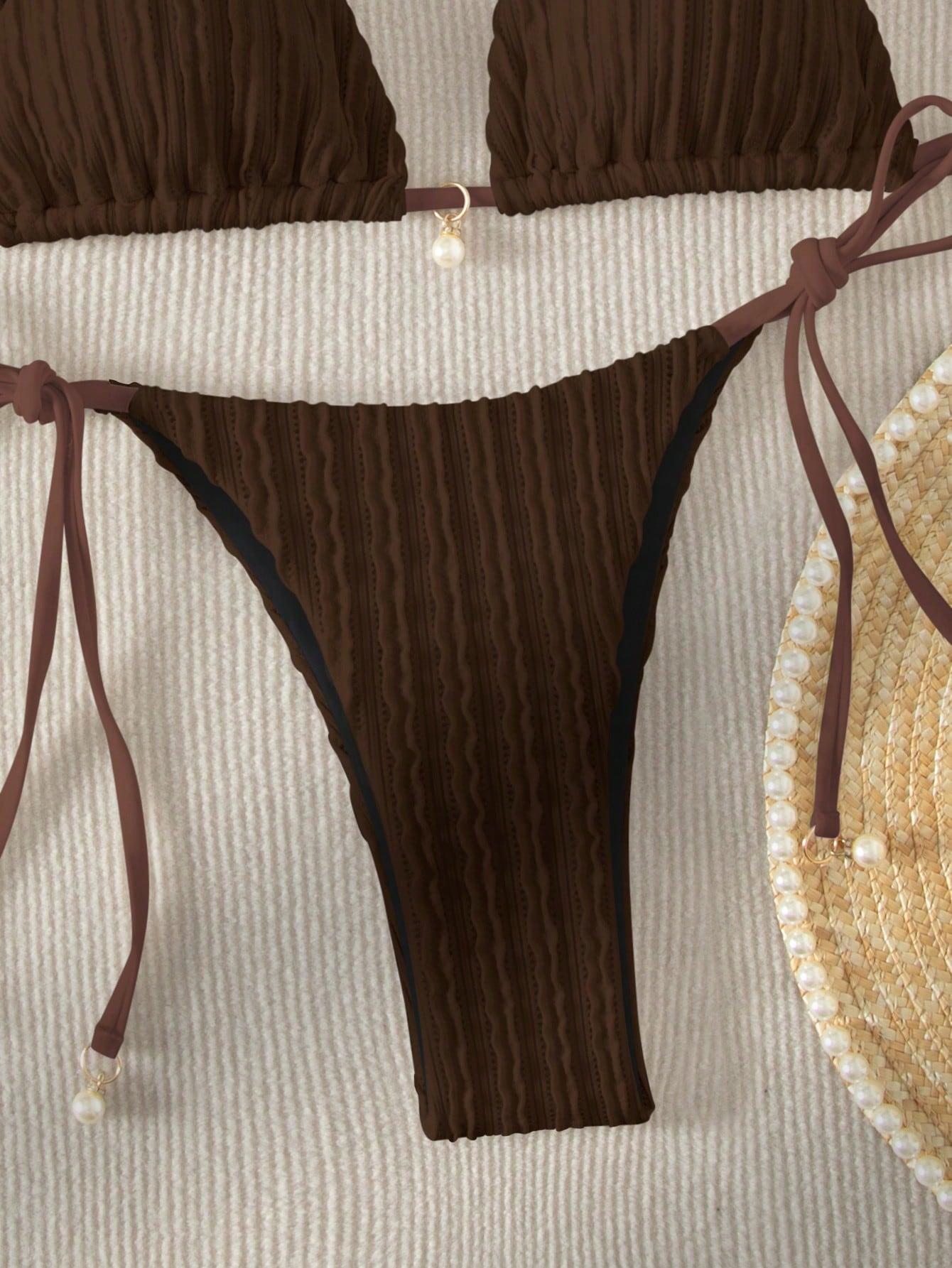 SHEIN BRĄZOWY DWUCZĘŚCIOWY STRÓJ KĄPIELOWY WIĄZANIE S09__S