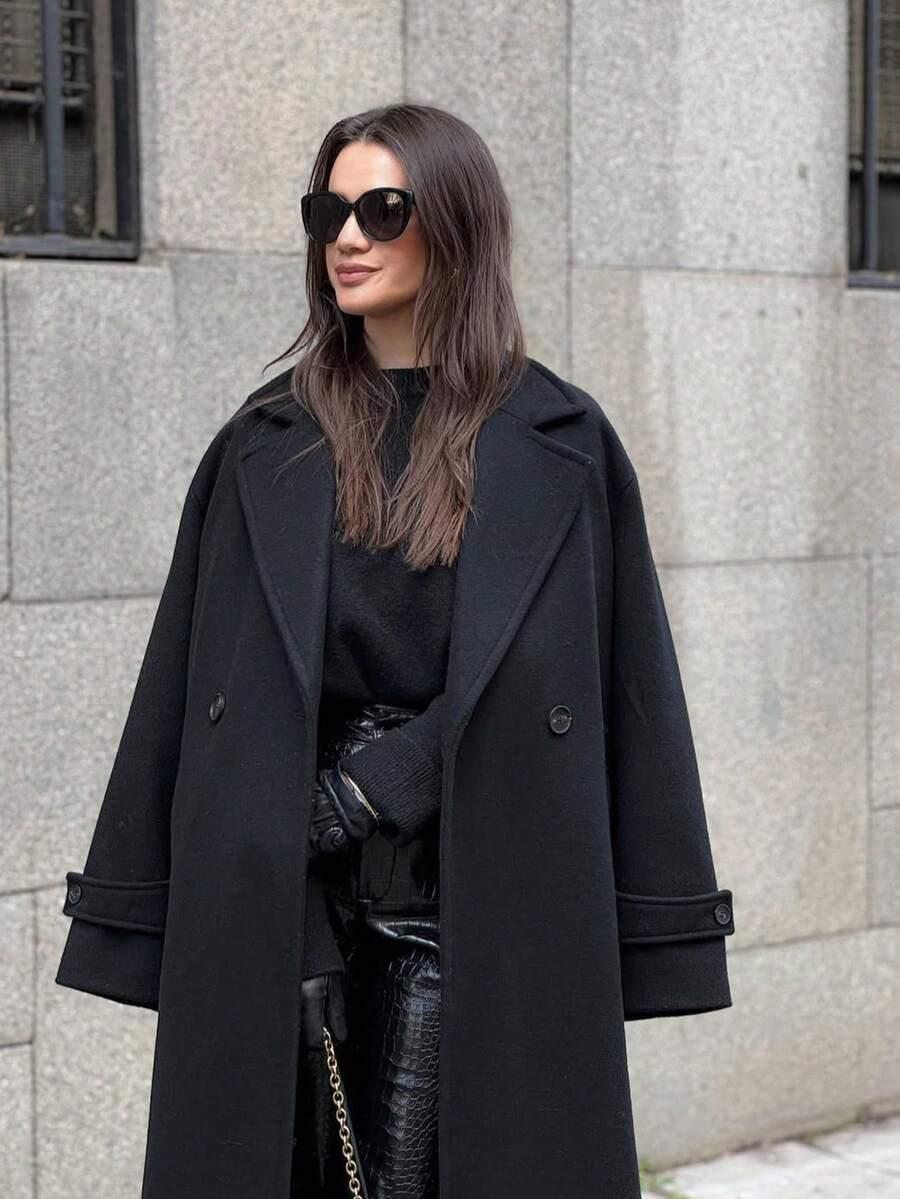 SHEIN CZARNY KLASYCZNY PŁASZCZ W01__L