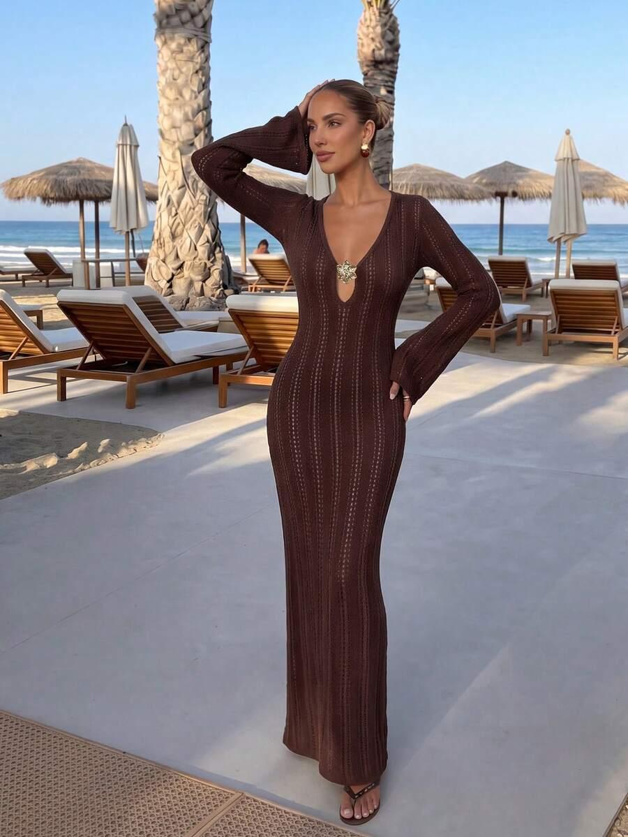 SHEIN BRĄZOWA MAXI SUKIENKA S06__S