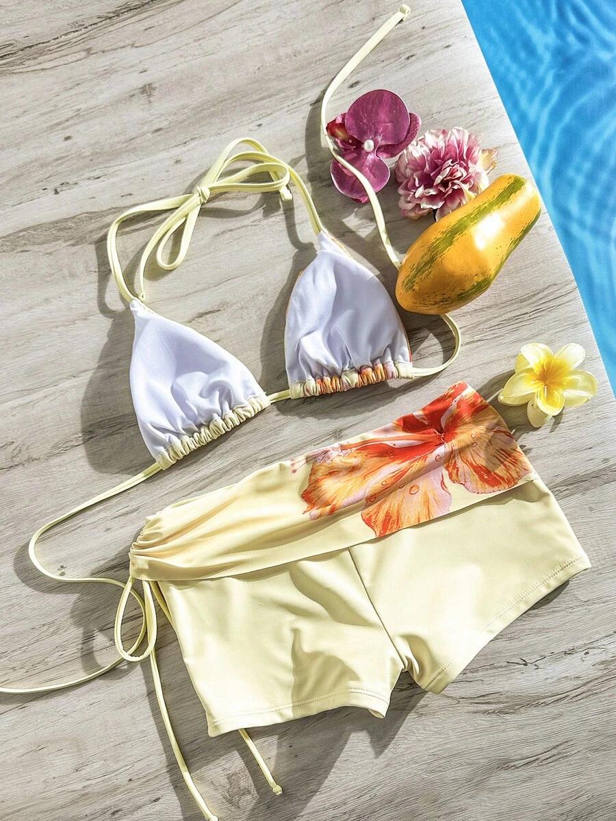 SHEIN ŻÓŁTY STRÓJ KĄPIELOWY DWUCZĘŚCIOWY KWIATY S09__S
