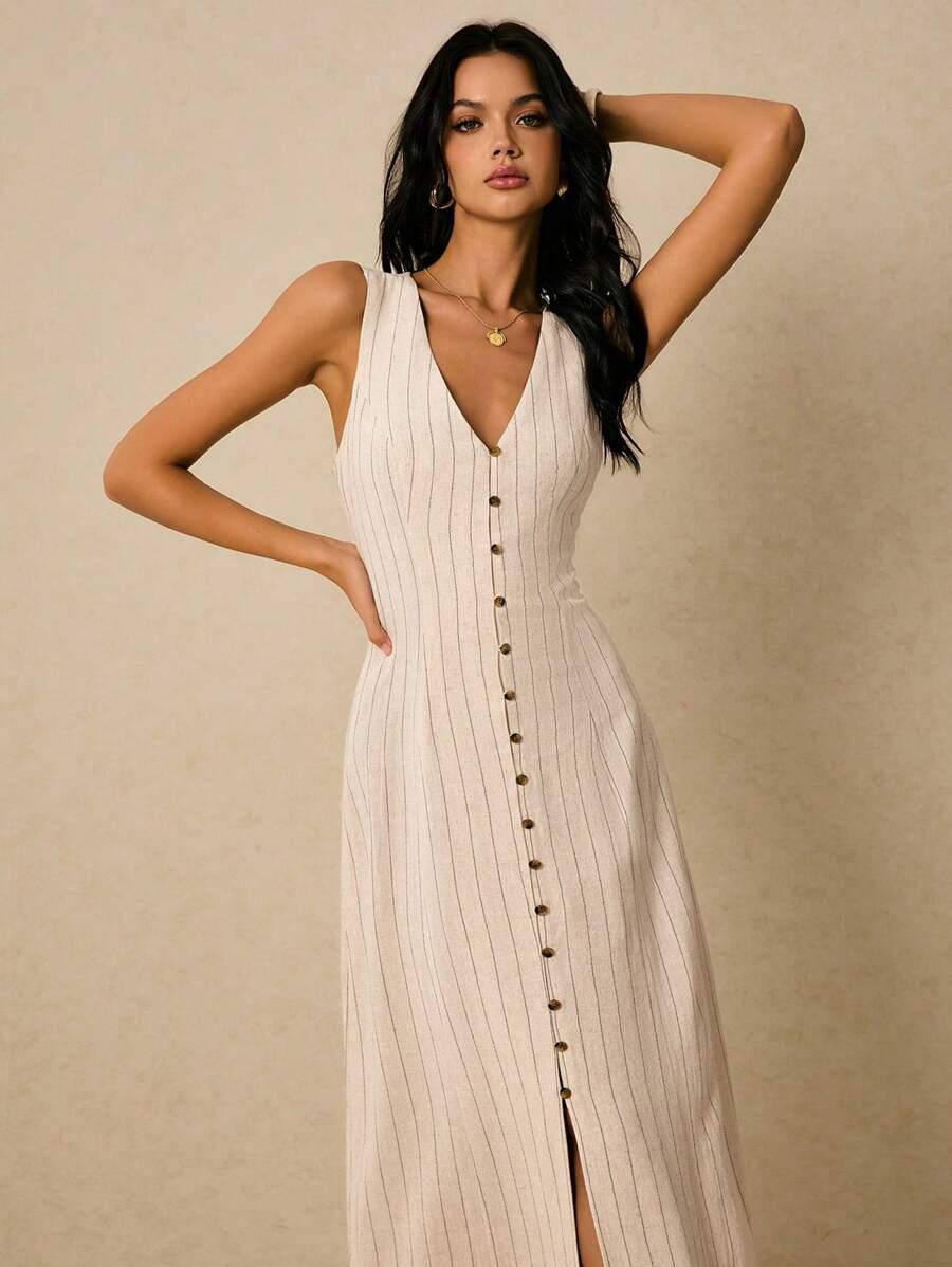 POÉSELLE BEŻOWA SUKIENKA W PASKI S06__XS