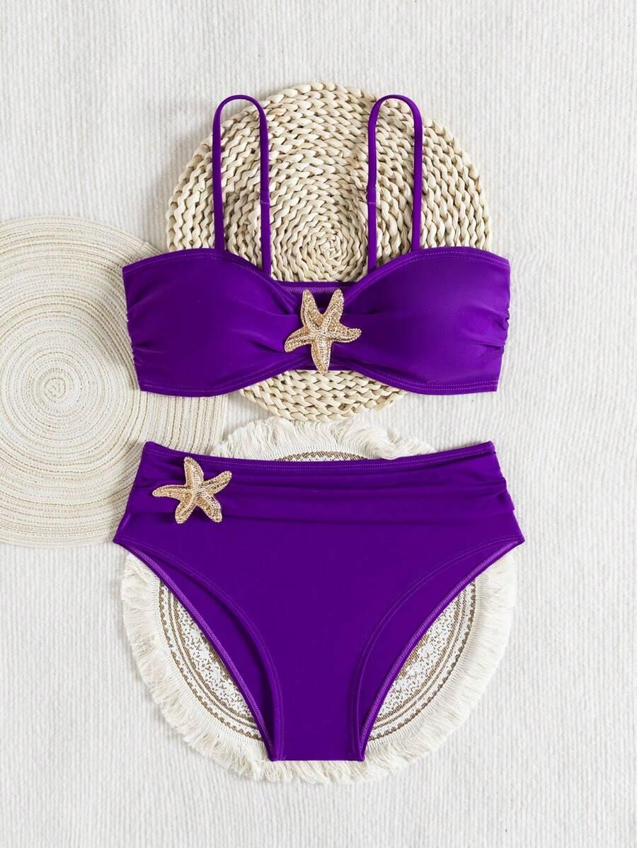 SHEIN FIOLETOWY DWUCZĘŚCIOWY STRÓJ KĄPIELOWY ZDOBIENIE S09__XL