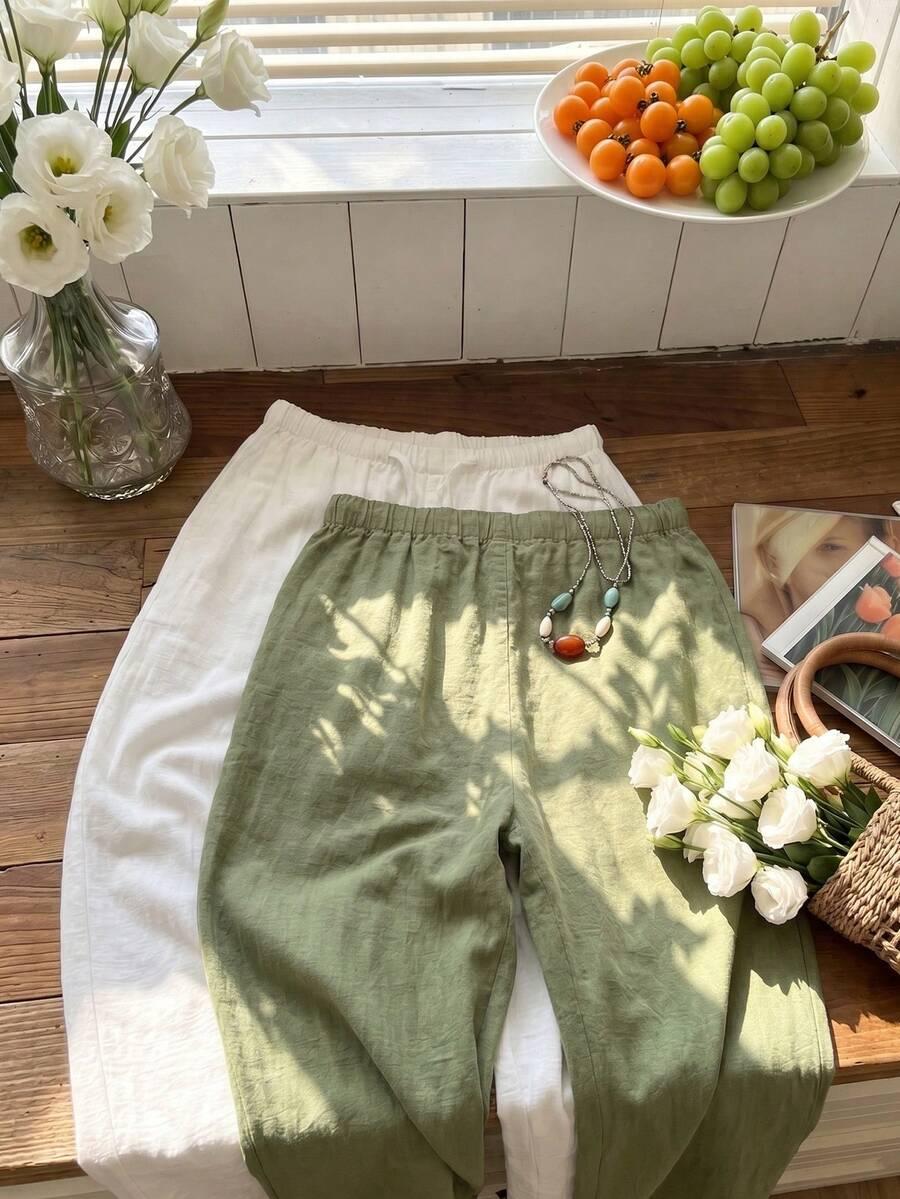 SHEIN CASUALOWE PRZEWIEWNE SPODNIE WIĄZANIE ECRU PK01__XL