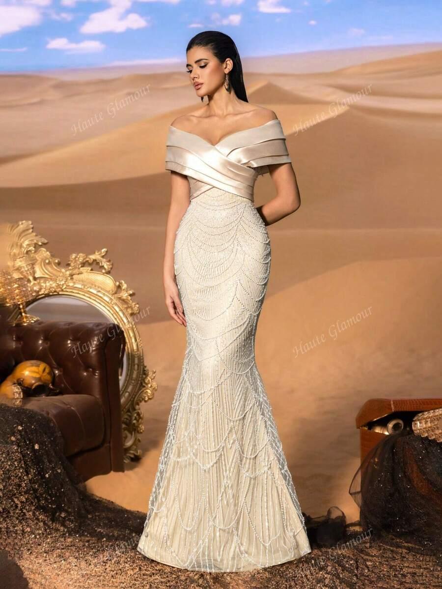 FAERIESTY BEŻOWA MAXI SUKIENKA ZDOBIENIE POŁYSK S09__S