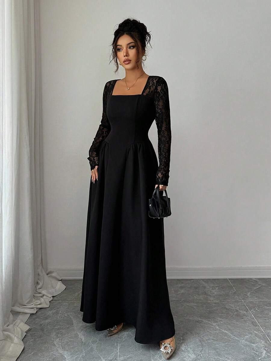SHEIN CZARNA SUKIENKA MAXI KORONKOWE RĘKAWY S06__S