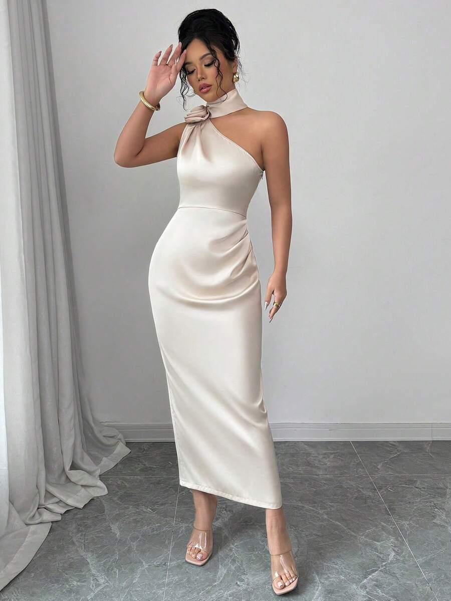 SHEIN BEŻOWA SATYNOWA MAXI SUKIENKA KWIAT 3D S06__XS