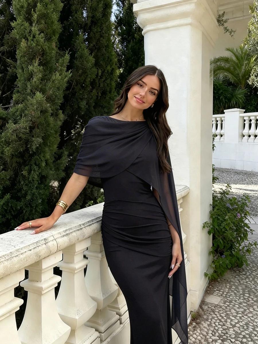SHEIN CZARNA MAXI SUKIENKA ŁĄCZENIE FALBANA SIATECZKA PELERYNA PK01__M