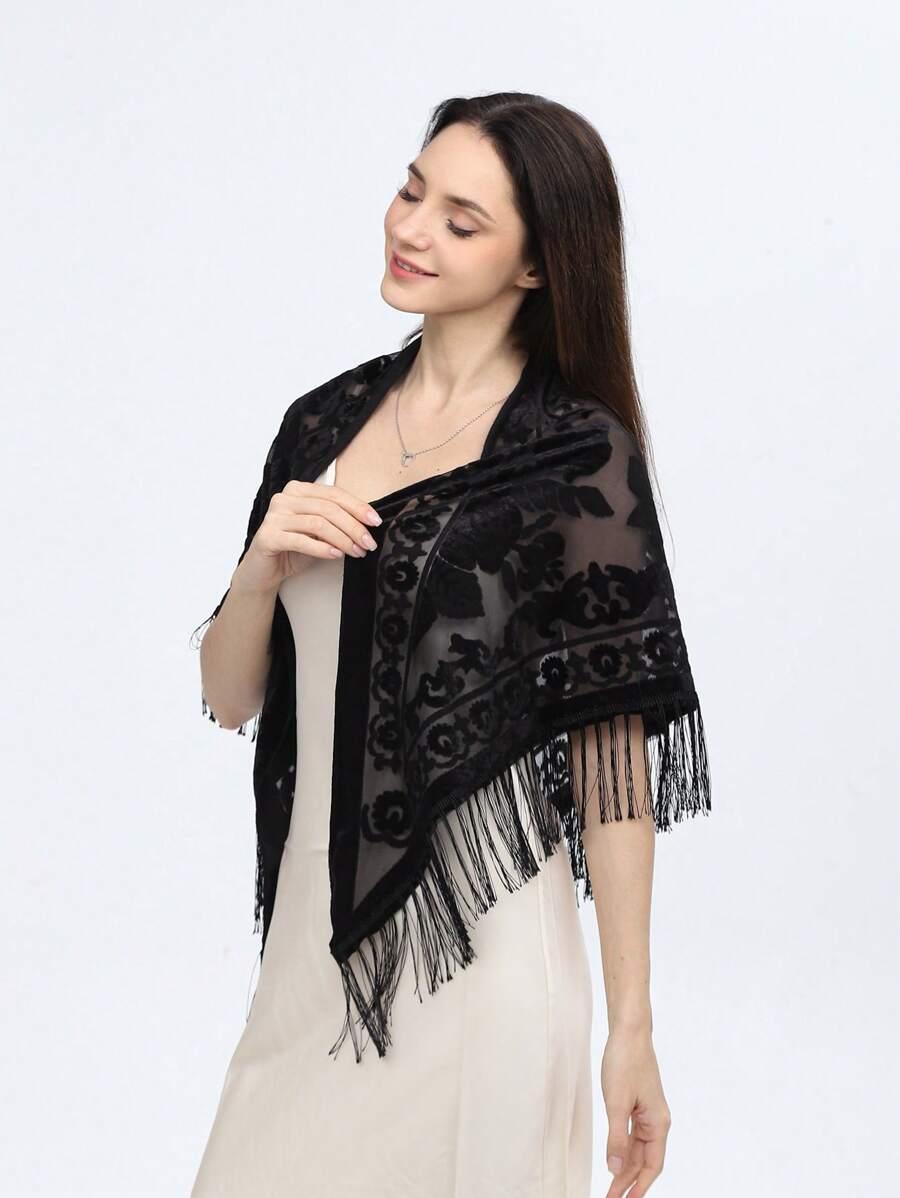 SHEIN CZARNA CHUSTA FRĘDZLE S07
