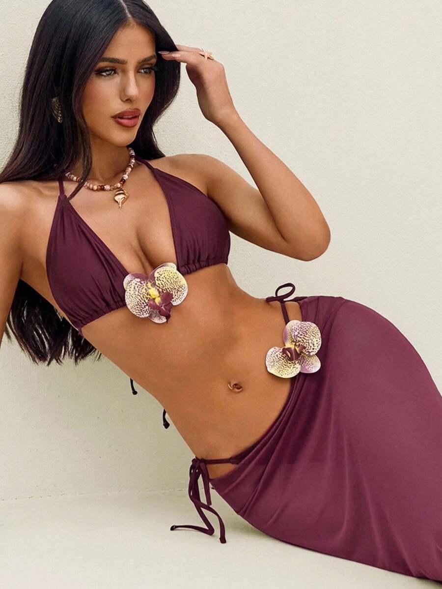 SHEIN FIOLETOWY DWUCZĘŚCIOWY STRÓJ KĄPIELOWY PAREO S09__M