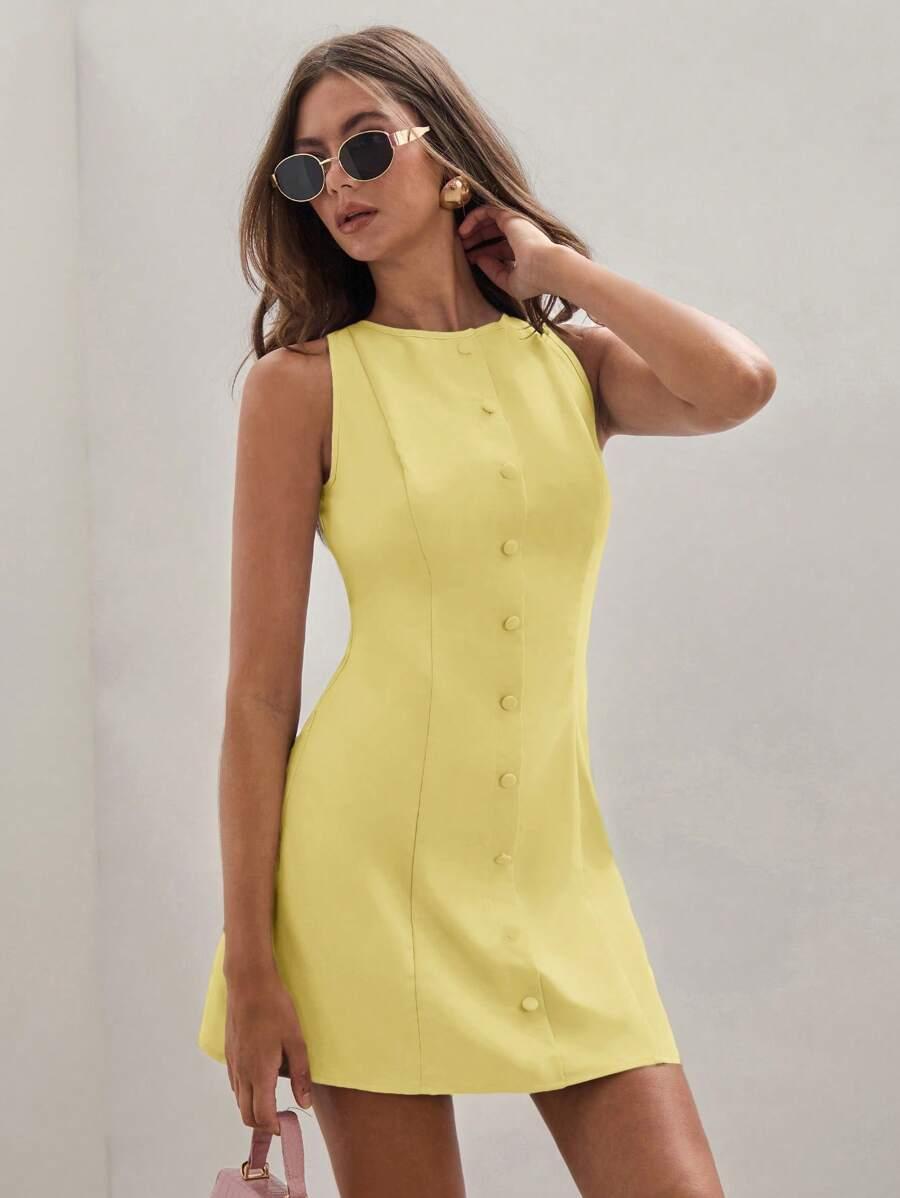 SHEIN ŻÓŁTA MINI SUKIENKA BEZ RĘKAWÓW S06__S