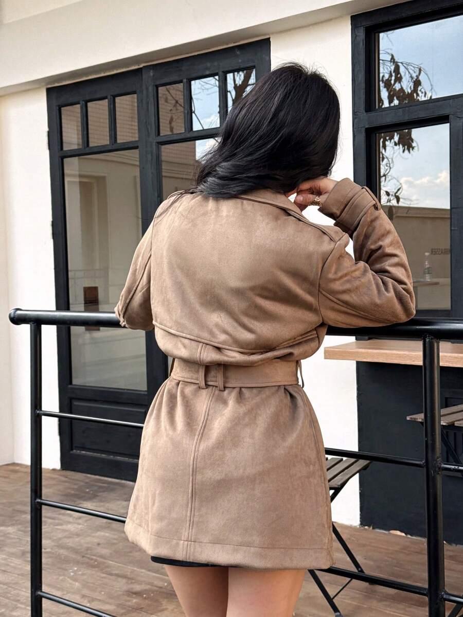 SHEIN BRĄZOWY DWURZĘDOWY PŁASZCZ WIĄZANIE W01__M