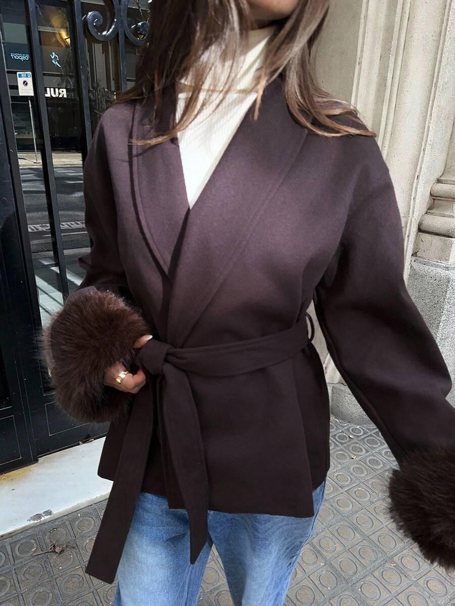 SHEIN BRĄZOWY PŁASZCZ DO BIODER W01__XS