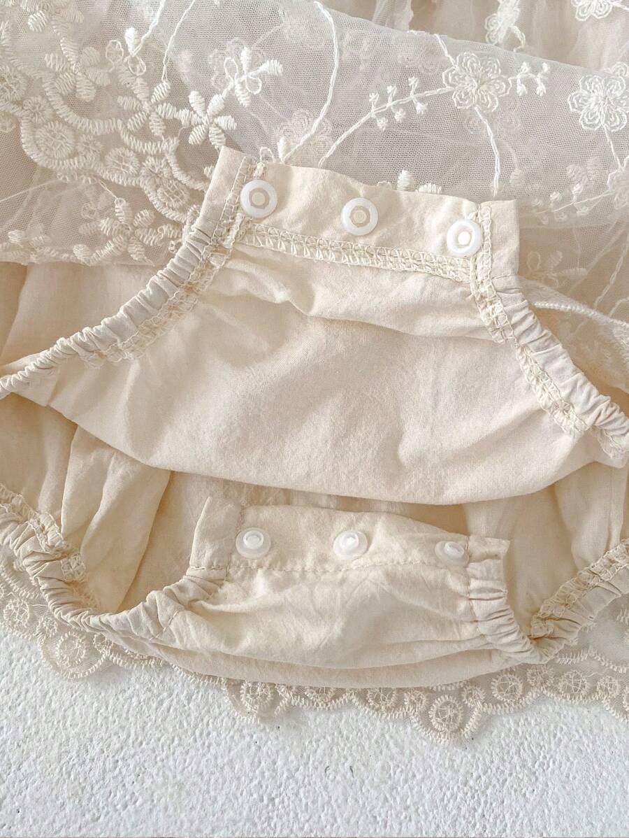 SHEIN KREMOWA SUKIENKA BODY KRÓTKI RĘKAW HAFT SIATECZKA KWIATY S06__80-86