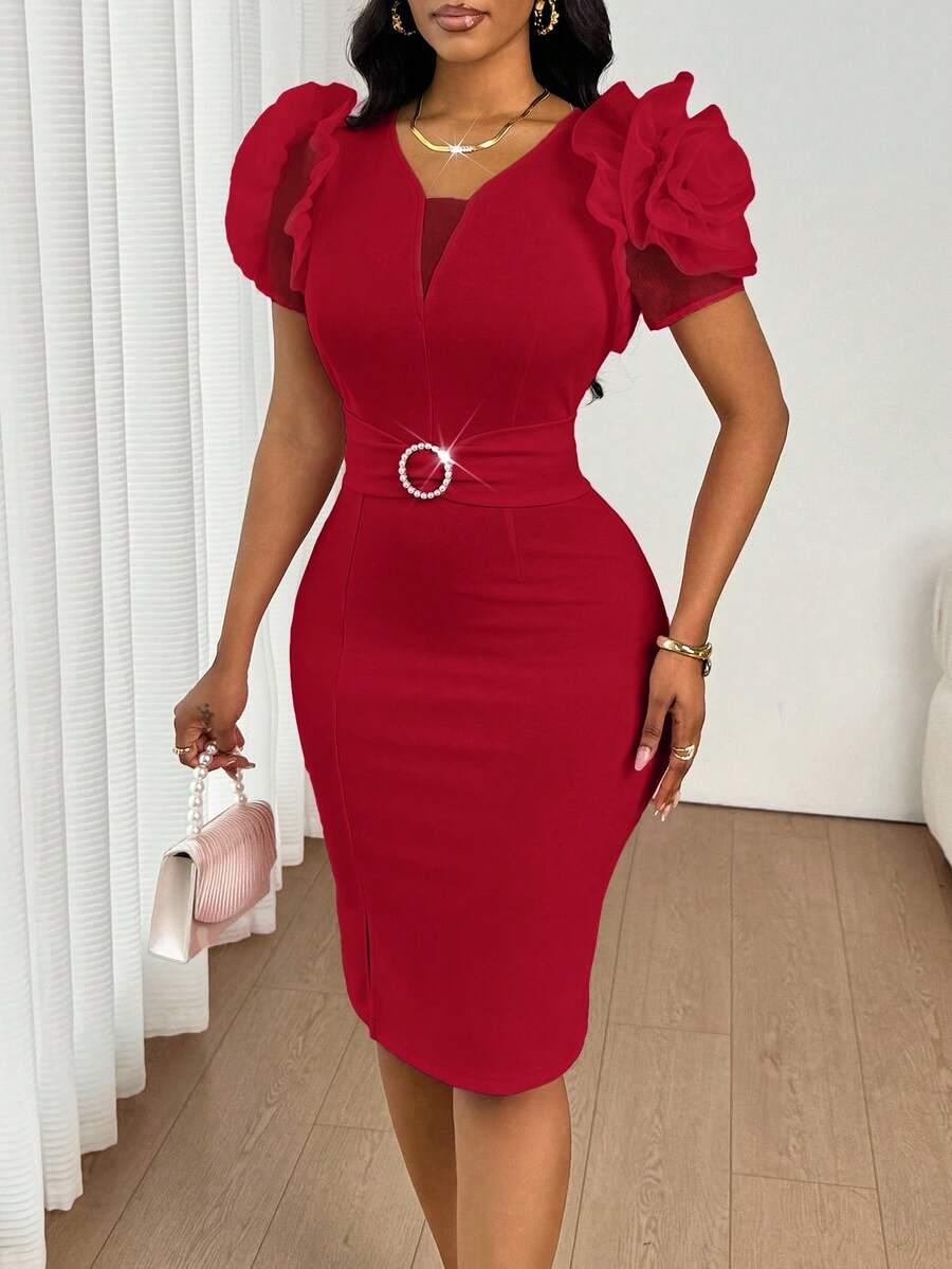SHEIN CZERWONA SUKIENKA KRÓTKI RĘKAW S06__S