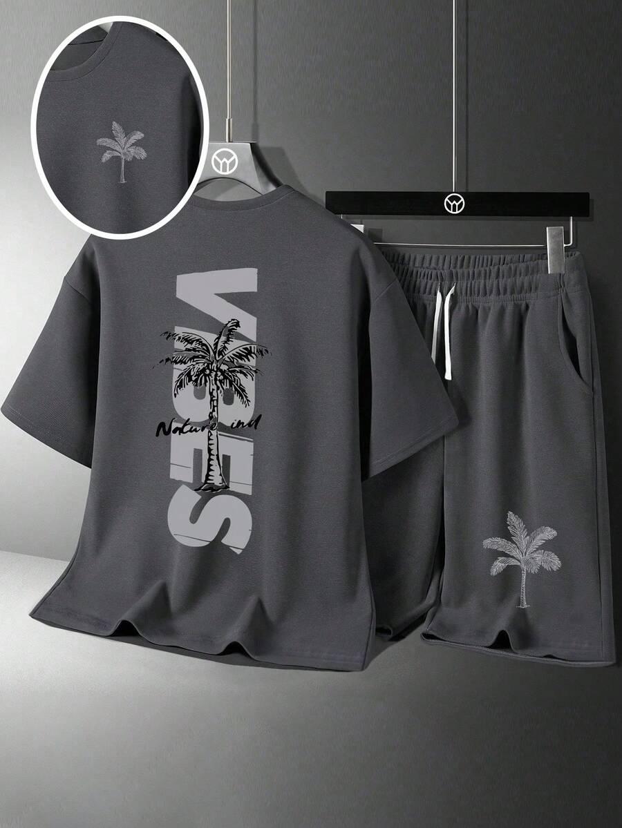 SHEIN SZARY KOMPLET BLUZKA SPODENKI WZÓR PRINT S06__152/158