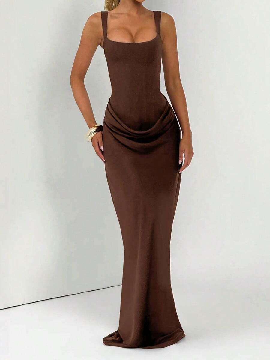 SHEIN BRĄZOWA MAXI SUKIENKA BEZ RĘKAWÓW S06__S