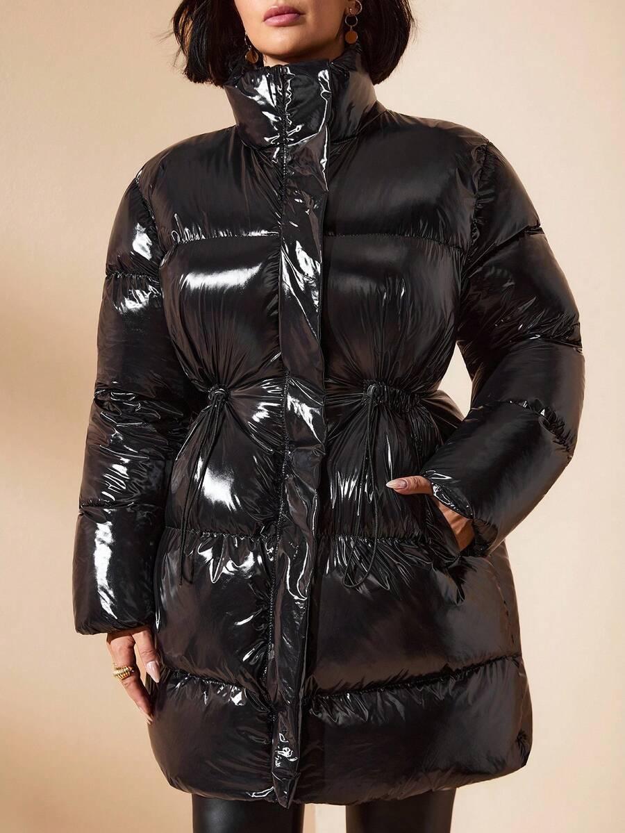 SHEIN CZARNA PIKOWANA KURTKA KAPTUR ZAMEK W01__M